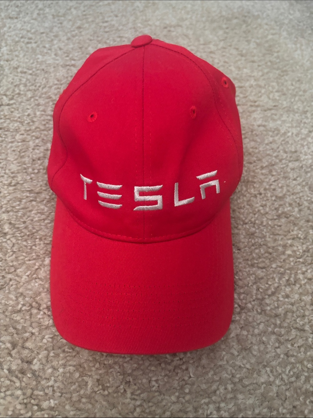 Tesla Red Baseball Cap with White Embroidered Logo